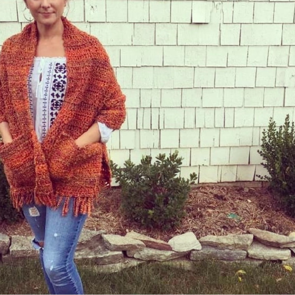 Red & orange shawl / wrap with large pockets & tassels.